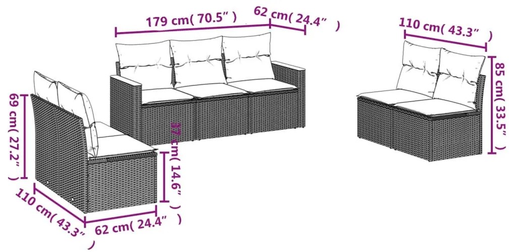 7 részes fekete polyrattan kerti ülőgarnitúra párnával