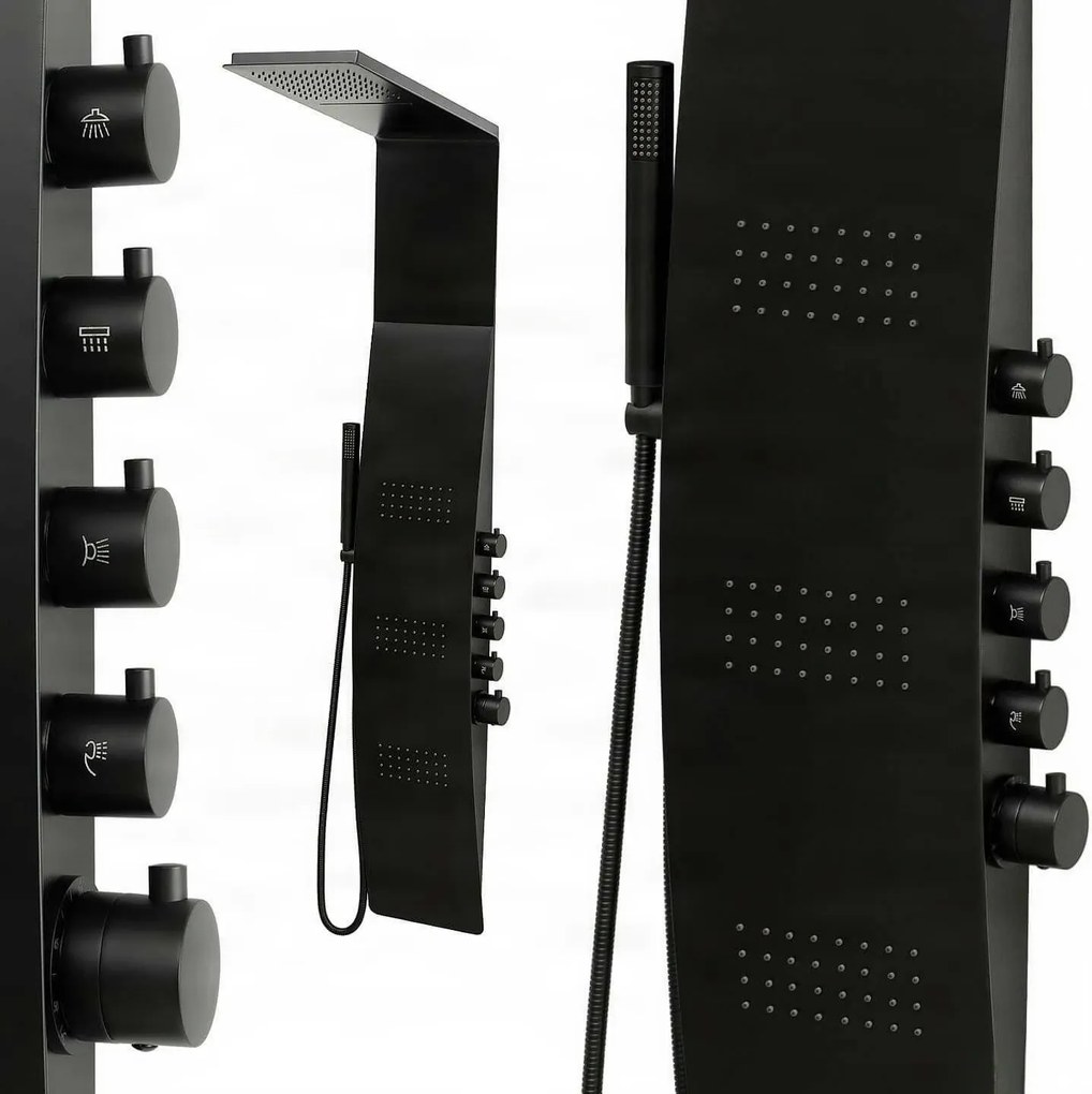 Termosztátos zuhanypanel EYN SP1058 vízeséskifolyóval és masszázsfúvókákkal, többféle színben — Fekete