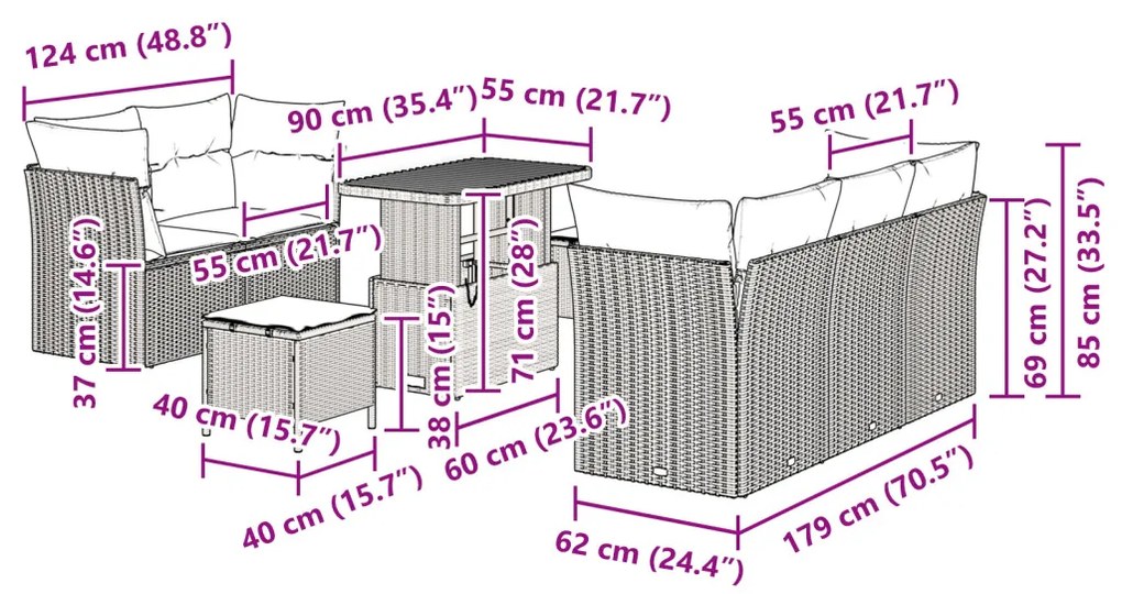8 Darabos Kert Sofa Szett Párnákkal Szürke Poli Rattan Akácia, 3 Darabos Kert Étkező Szett Párnákkal Szürke Poli Rattan Akácia