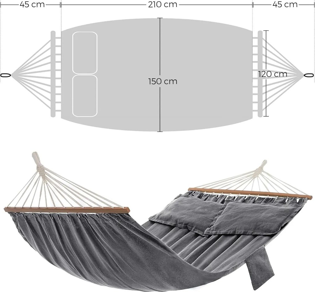 Kétszemélyes függőágy, kültéri hintaágy, szürke, 210 x 150 cm