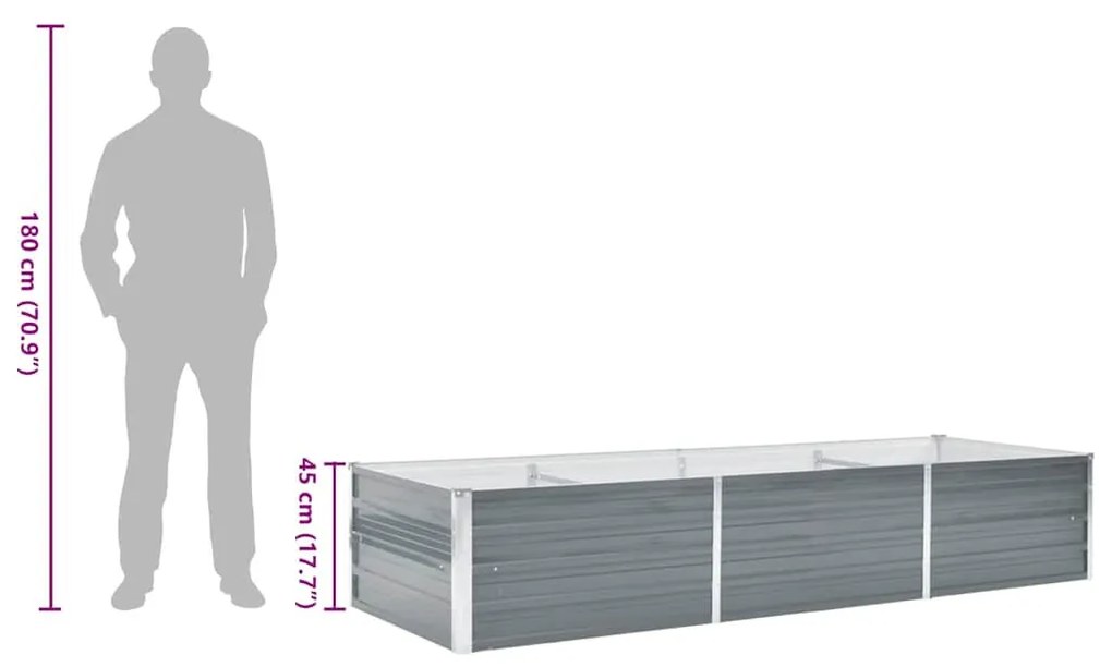 szürke horganyzott acél kerti magaságyás 240 x 80 x 45 cm