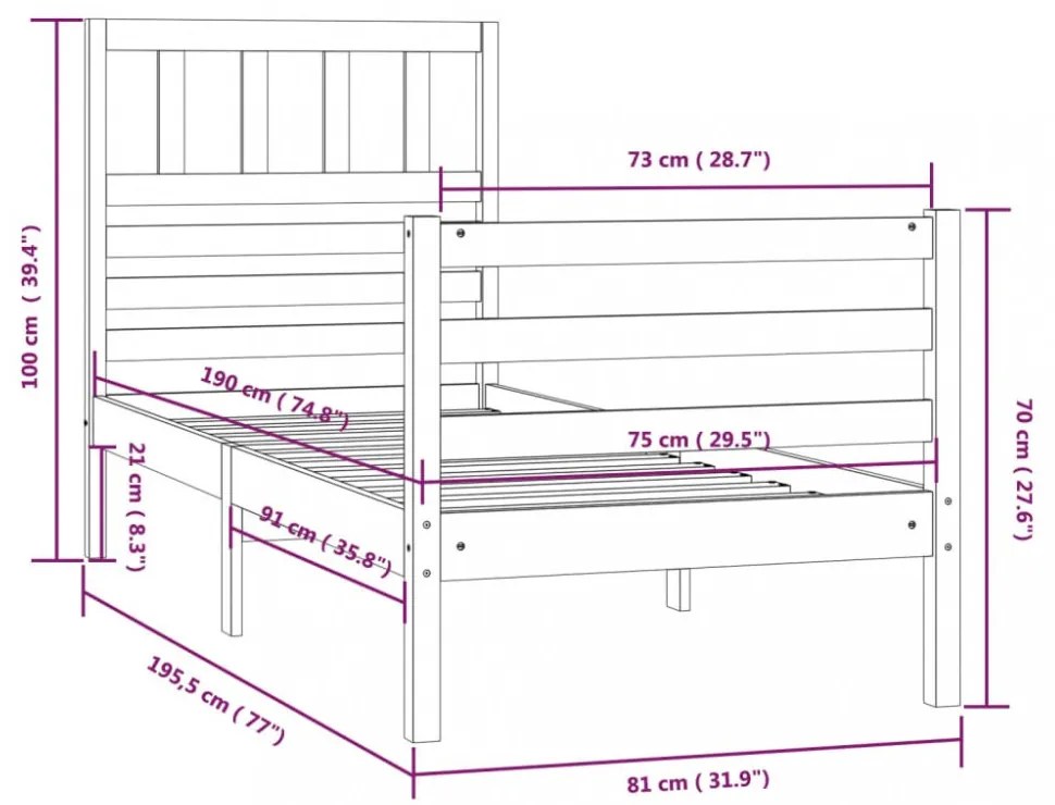 fehér tömör fa ágykeret 75 x 190 cm (Small Single)