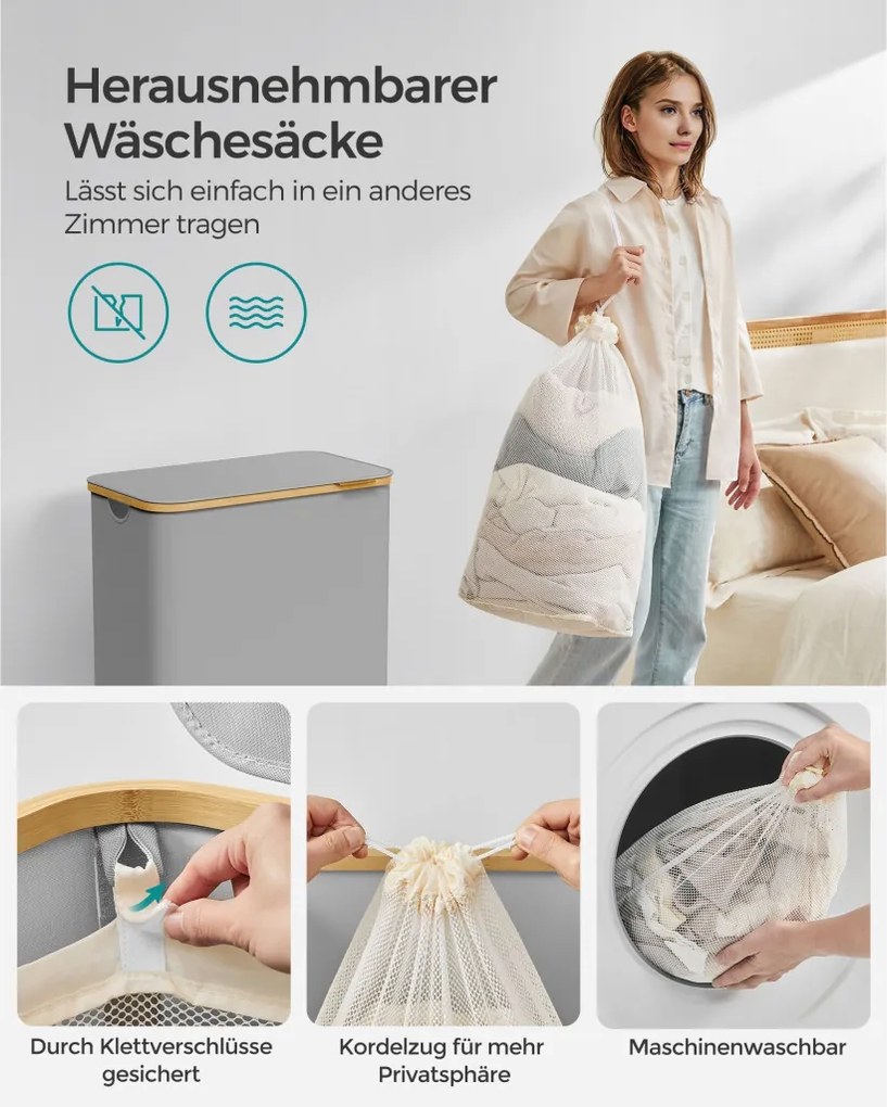 Szennyestartó, 2 rekesszel, levehető hálós béléssel, 130L, szürke, 52 x 38.5 x