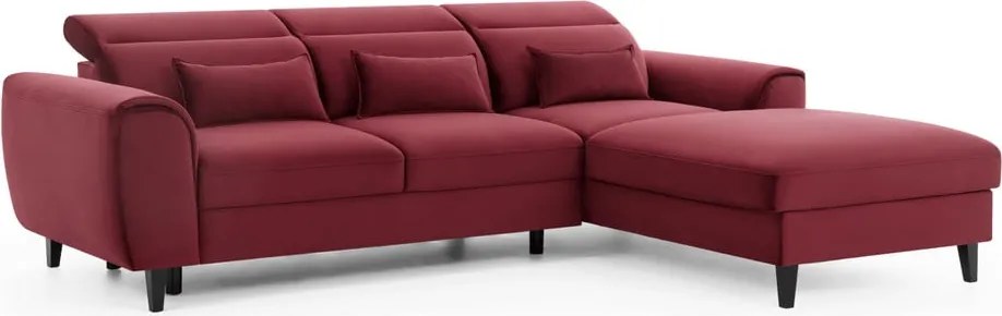 Piros bársony kinyitható-tárolóhelyes sarokkanapé (jobb oldali-heverő résszel) Foble – ELTAP