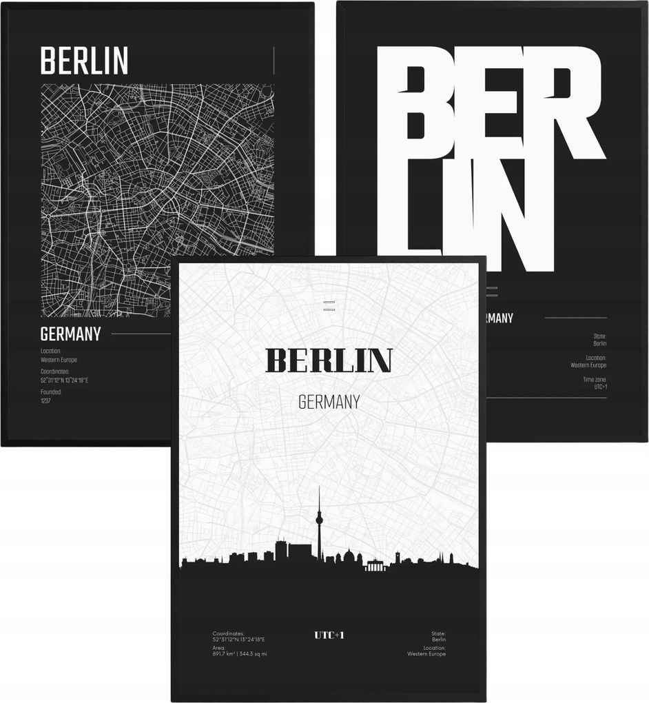 Poszter szett Berlin Németország Térkép Panoráma Fekete-Fehér Konyha 60x80cm