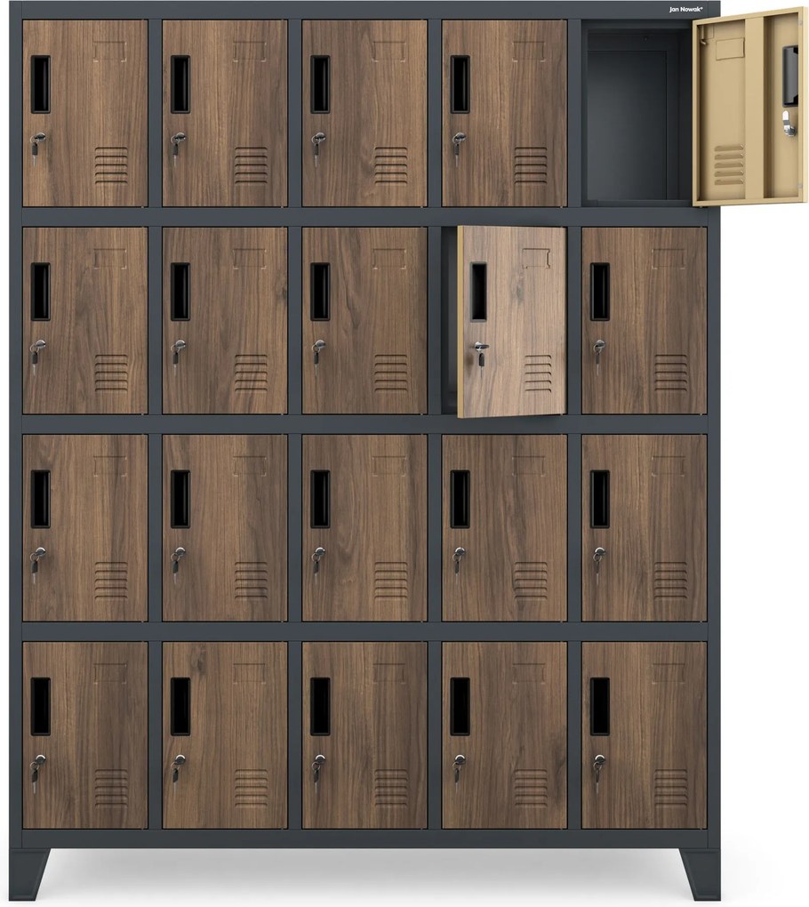 20 rekeszes, lábakon álló szociális szekrény, antracit/dió, 1360x1720x450 mm: ROBERT Eco Design