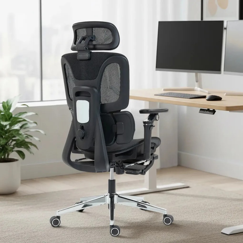 HOMCOM Prémium ergonomikus irodai szék, állítható derék- és fejtámlával, 6D karfákkal, lábtartóval, hálós, fekete