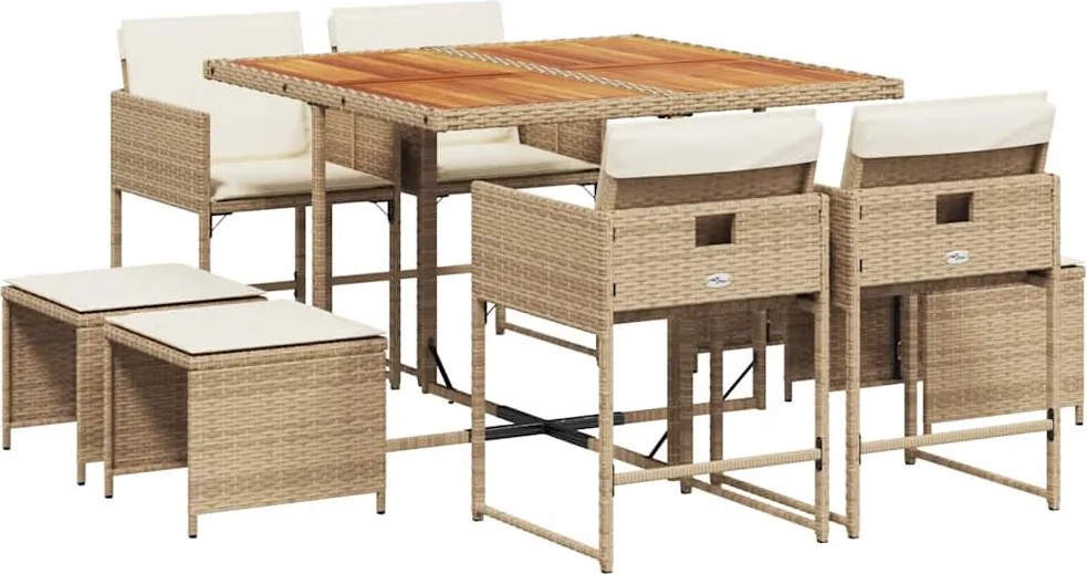 vidaXL 9 részes bézs polyrattan kerti étkezőgarnitúra párnákkal