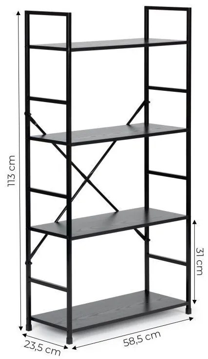 Fekete 4 szintes nyitott könyvespolc, tároló állvány fém lábakkal - 59x112cm Intenso