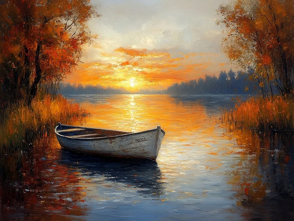Vászonkép Canvas Tájkép Tó Csónak Ősz Nap 80x60
