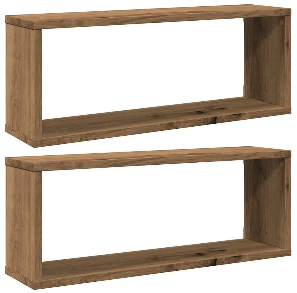 2 db kézműves tölgyszínű szerelt fa fali kockapolc 60x15x23 cm