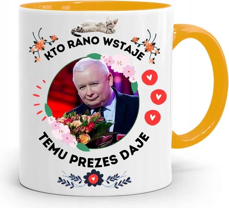 Sárga Vicces Bögre Jaroslaw Kaczynski felirattal, fényképpel
