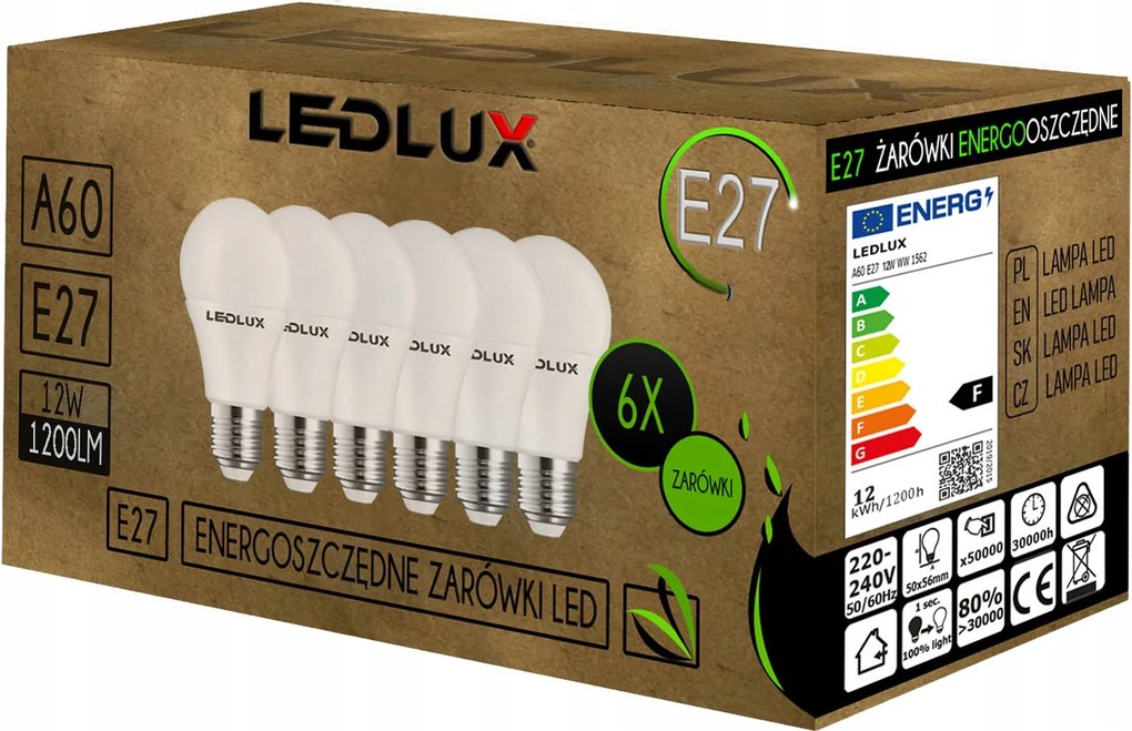 6x Led izzó E27 A60 12W 1200lm 3 Szín Ledlux
