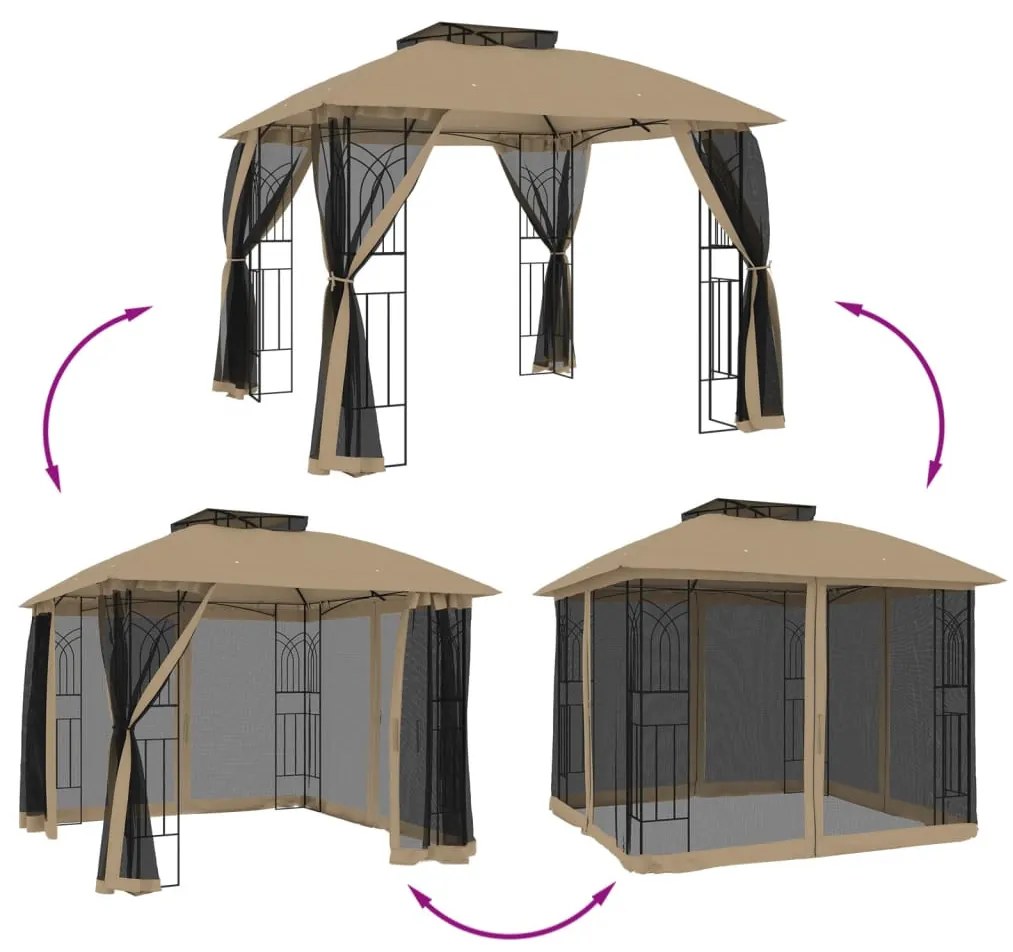tópszínű acél dupla tetős pavilon hálós falakkal 2,94 x 2,94 m