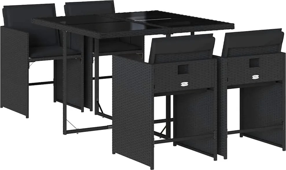 vidaXL 5 részes fekete polyrattan kerti étkezőgarnitúra párnákkal