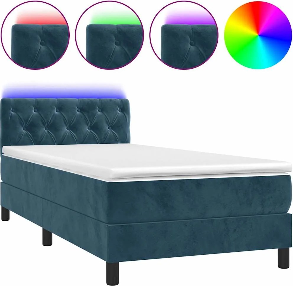 vidaXL sötétkék bársony rugós és LED-es ágy matraccal 80 x 200 cm