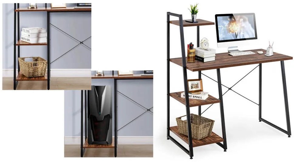 Kompakt számítógépasztal, munkaállomás 4 polccal