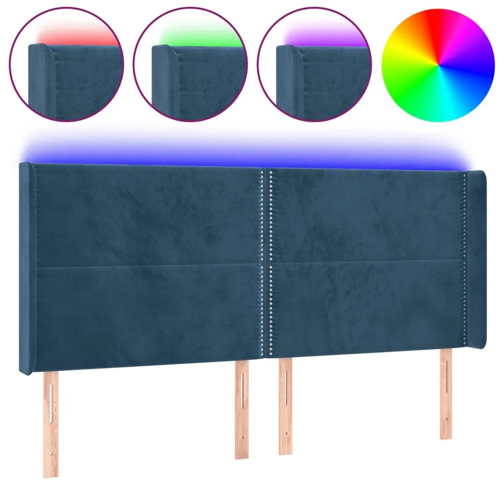 sötétkék bársony LED-es fejtámla 203x16x118/128 cm