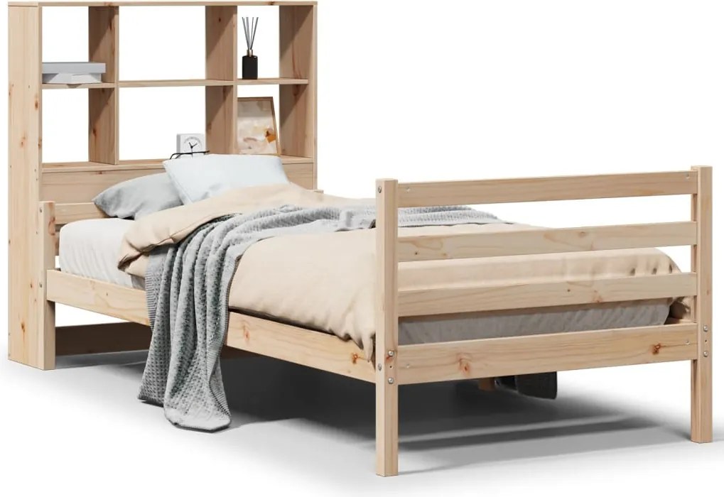 vidaXL tömör fenyőfa könyvespolcos ágy matrac nélkül 90 x 200 cm