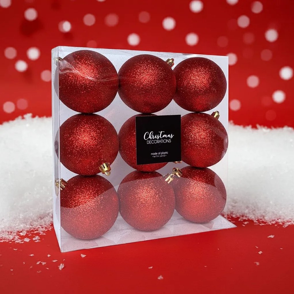 Piros glitteres műanyag karácsonyi gömb szett 9x8cm