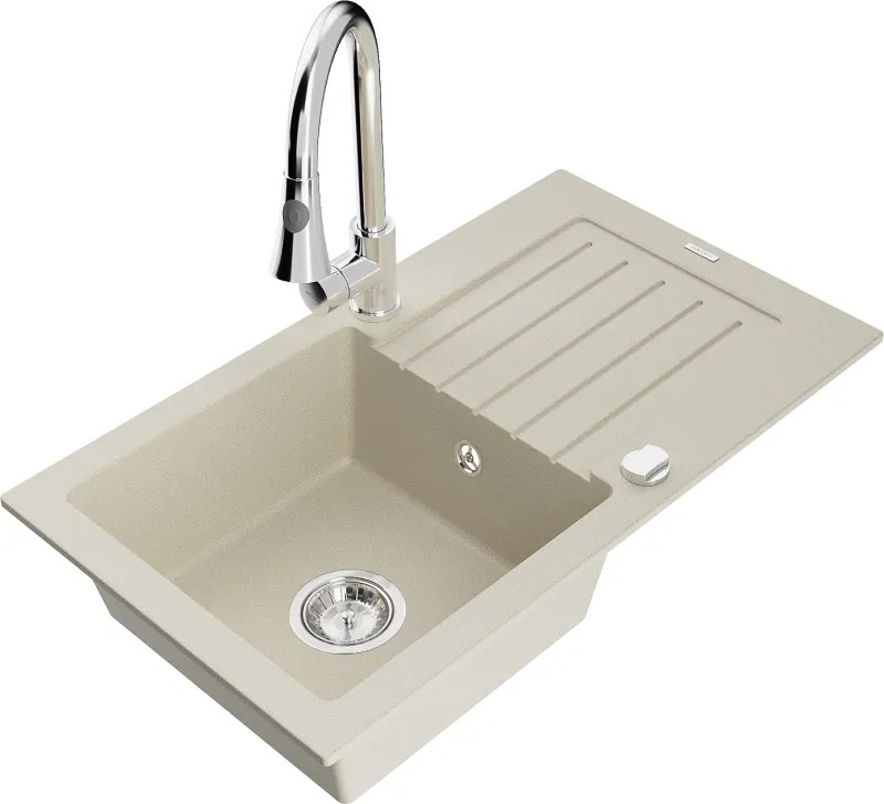 Mexen Pablo gránit mosogatótálca, 1 rekeszes, elfolyóval és Elia konyhai csapteleppel, bézs - 6510-69-670101-00