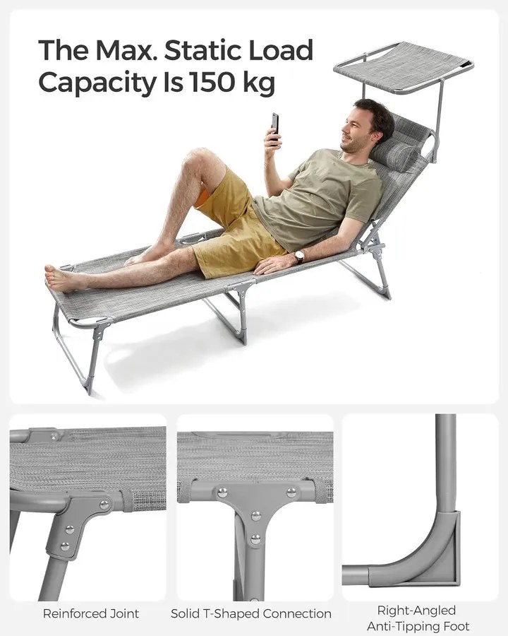Összecsukható napozóágy napellenzővel 53 x 193 x 29,5 cm, 150 kg-ig terhelhető
