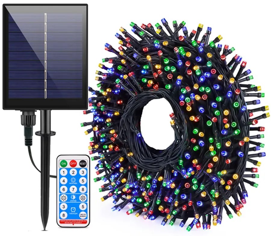 16 m-es 800 LED-es BOA fényfüzér, hybrid tölthető-napelemes, színes RGB, 13 világítási mód, időzíthető, távvezérlővel