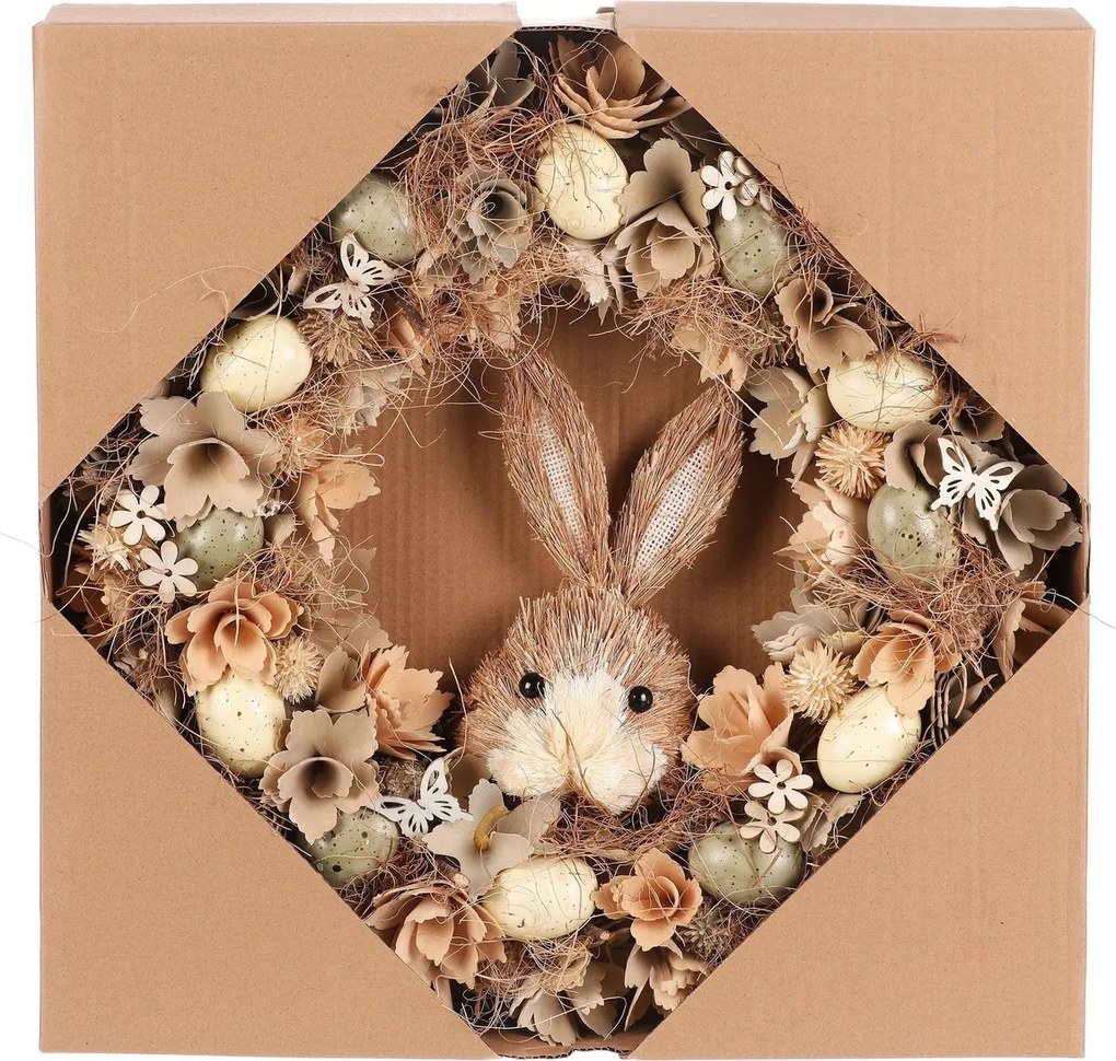 Húsvéti koszorú Barna nyuszi virágokkal éstojásokkal, átmérő 45 cm, 45 x 45 x 9 cm