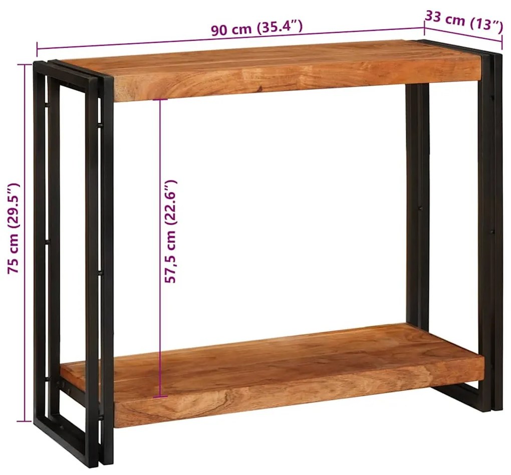 Konzolasztal polcokkal Barna 90 x 33 x 75 cm tömör akácfa