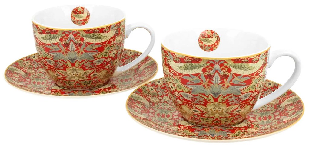 Porcelán teás csésze aljjal 2 személyes dobozban William Morris Strawberry Thief Red