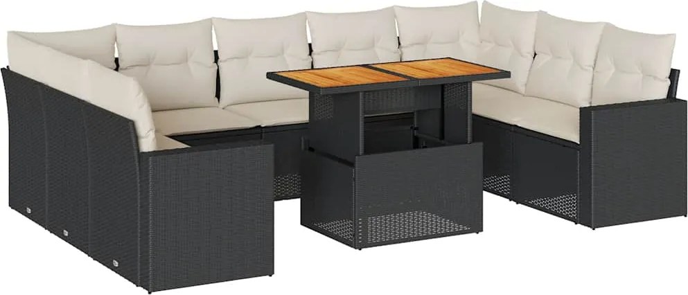 vidaXL 10 részes fekete polyrattan kerti ülőgarnitúra párnákkal