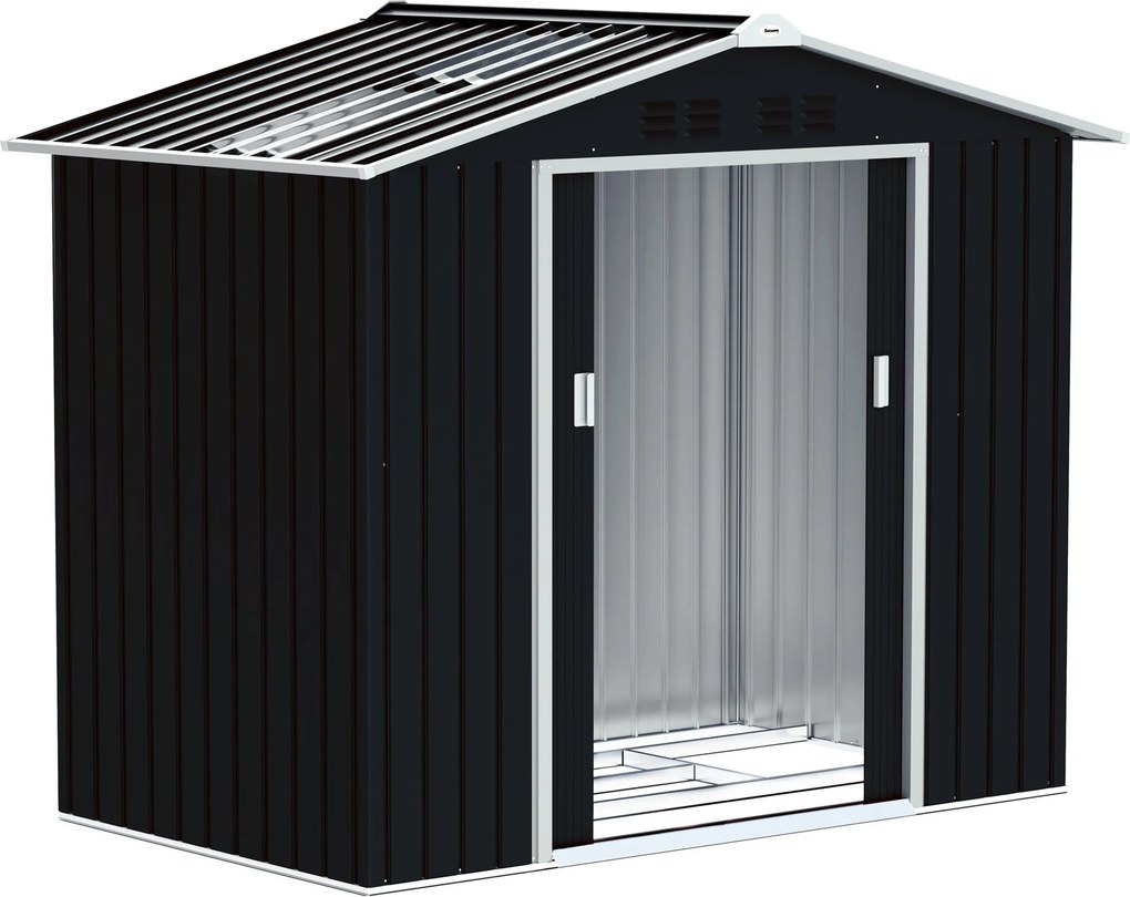 Outsunny Kertiszerszámtároló 2,42 m² Erősítő Alappal Padló Nélkül 213x130x185 cm Kültéri Kertiszerszámtároló Csúszó Ajtókkal, Tetőablakkal és 4 Ablakk