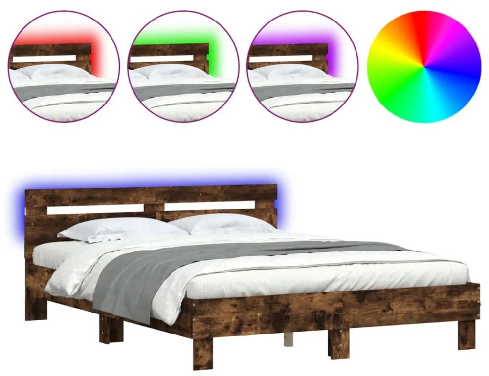 füstös tölgy színű ágykeret fejtámlával és LED-del 150x200 cm