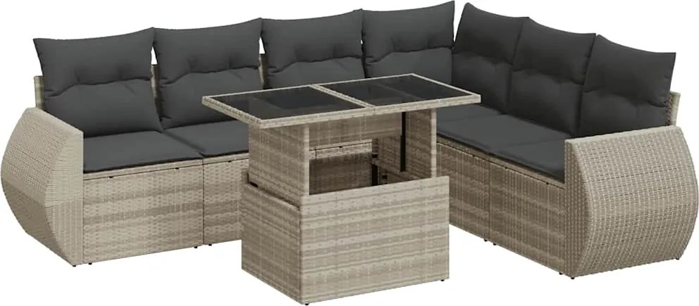 vidaXL 7 részes világosszürke polyrattan kerti ülőgarnitúra párnákkal