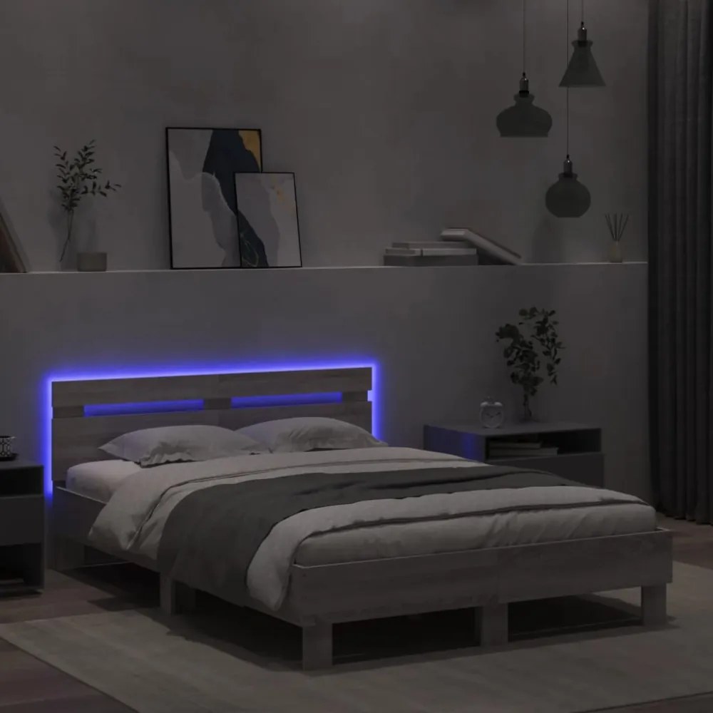 szürke sonoma színű ágykeret fejtámlával és LED-del 120x190 cm
