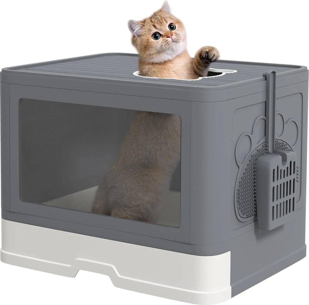 PawHut macskaalom doboz fedéllel, lapáttal, wc a 4 kg-ig terjedő macskák számára, beltéri, Műanyag Szürke 48,5 x 38 x 36,5 cm | Aosom