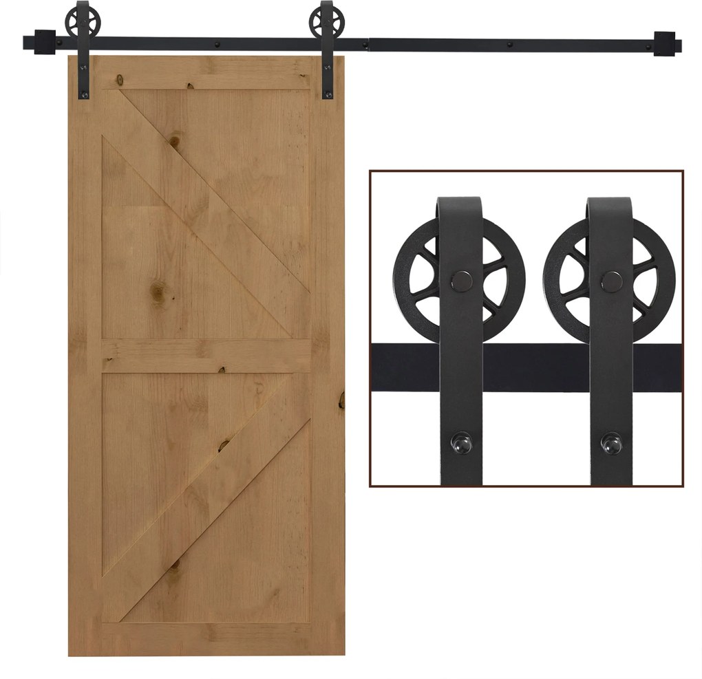 HOMCOM 200 cm Tolóajtó Komplett Készlet Tolóajtó Hardver Padlóvezetővel, Tolóajtó Sínek, Megállítók, Padlóblokk, Görgők - Tolóajtó Rendszer Fa Ajtóhoz