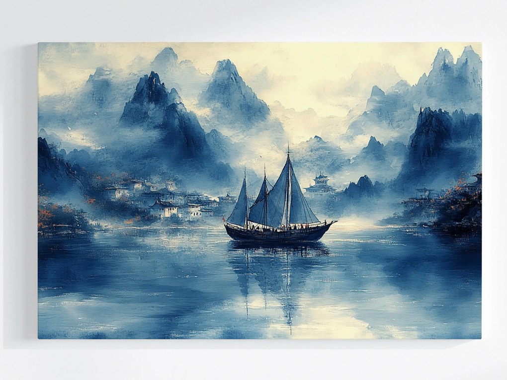 Vászonkép Canvas Ázsia Kelet Kína Tájkép Hegyek Vitorlás Köd 120x80
