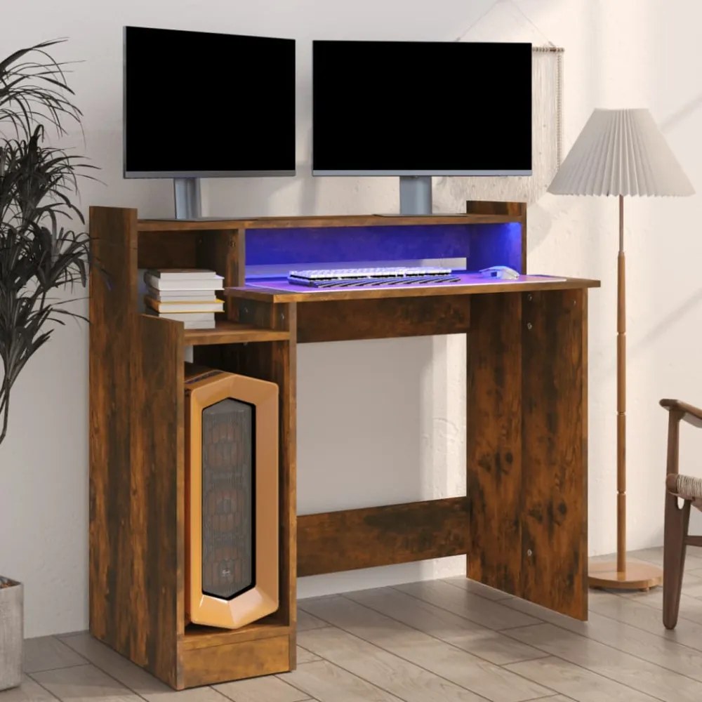 füstös tölgy színű szerelt fa íróasztal LED-ekkel 97x45x90 cm