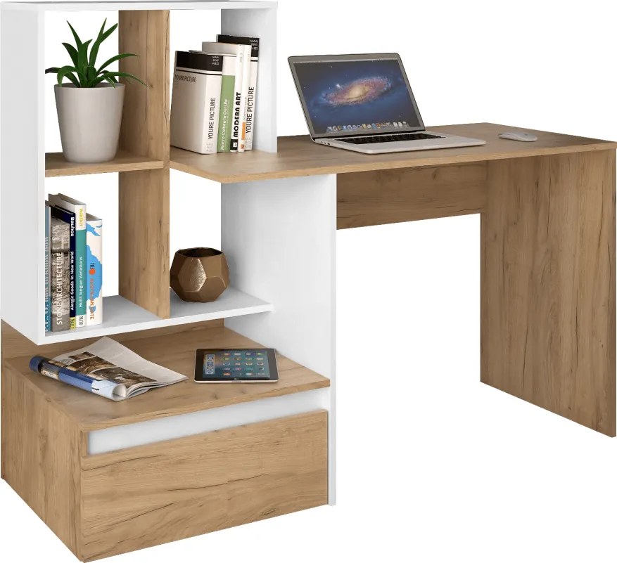 Számítógépasztal, artisan tölgy/fehér, NEREO NEW