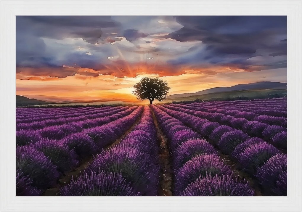 Poszter Keret Fa Levendula Mező Naplemente Provence 60x40