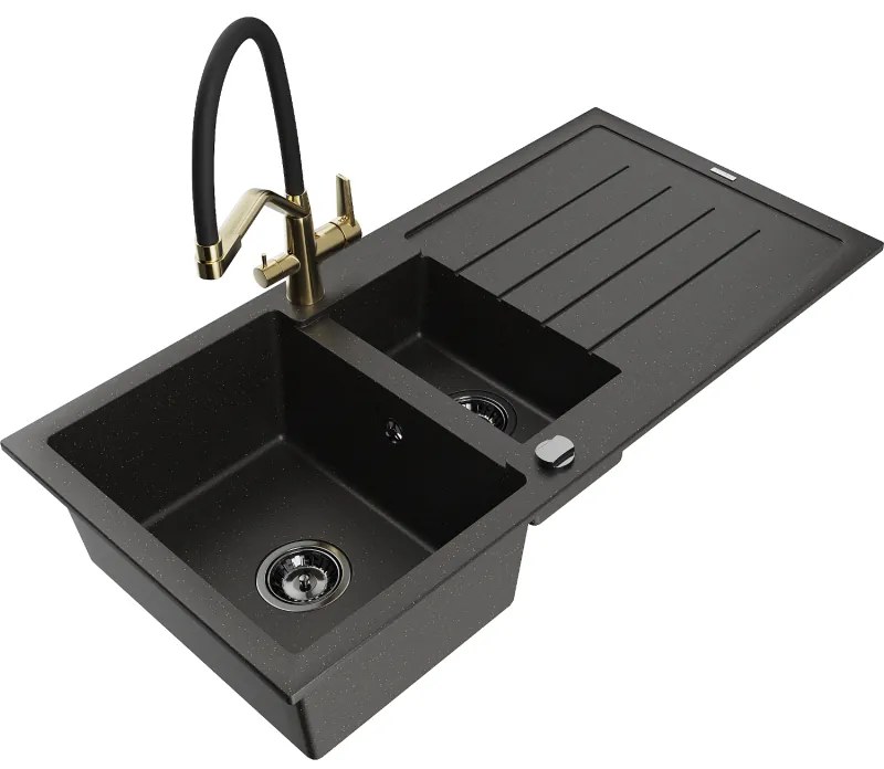 Mexen Andres gránit mosogató 1,5-medencés csepegtetővel és Duo konyhai csapteleppel, fekete/arany metál - 6515-75-671701-57-B