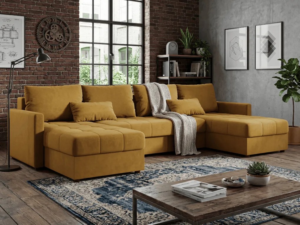 U alakú kihúzható ülőgarnitúra VENORIA 285x146 cm, mustárszín + 2 párna AJÁNDÉKBA