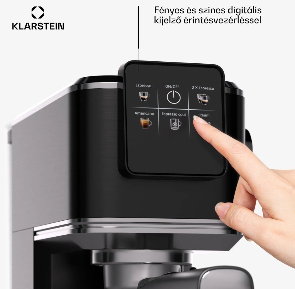 Klarstein SteelPresso Slim Touch kávéfőző, portafilter, érintőképernyő
