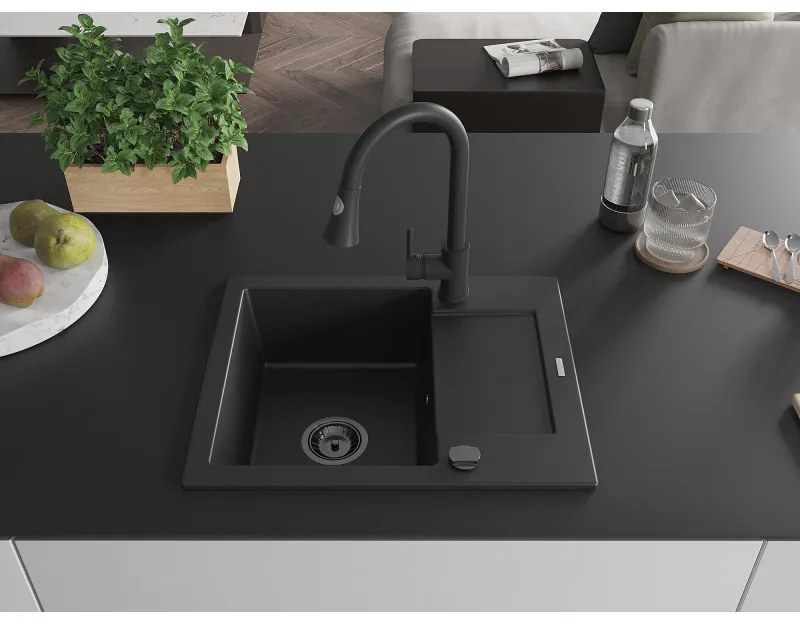 Mexen Enzo, 1 kamrás gránit mosogató 576x465x174 mm és Elia mosogató csaptelep, fekete, 6506-77-670101-70-B