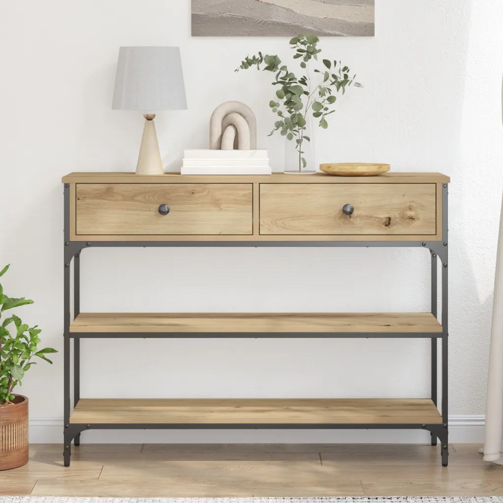 Konsole asztal Művészi tölgy 100x25x75 cm Szerelt fa &amp; acél