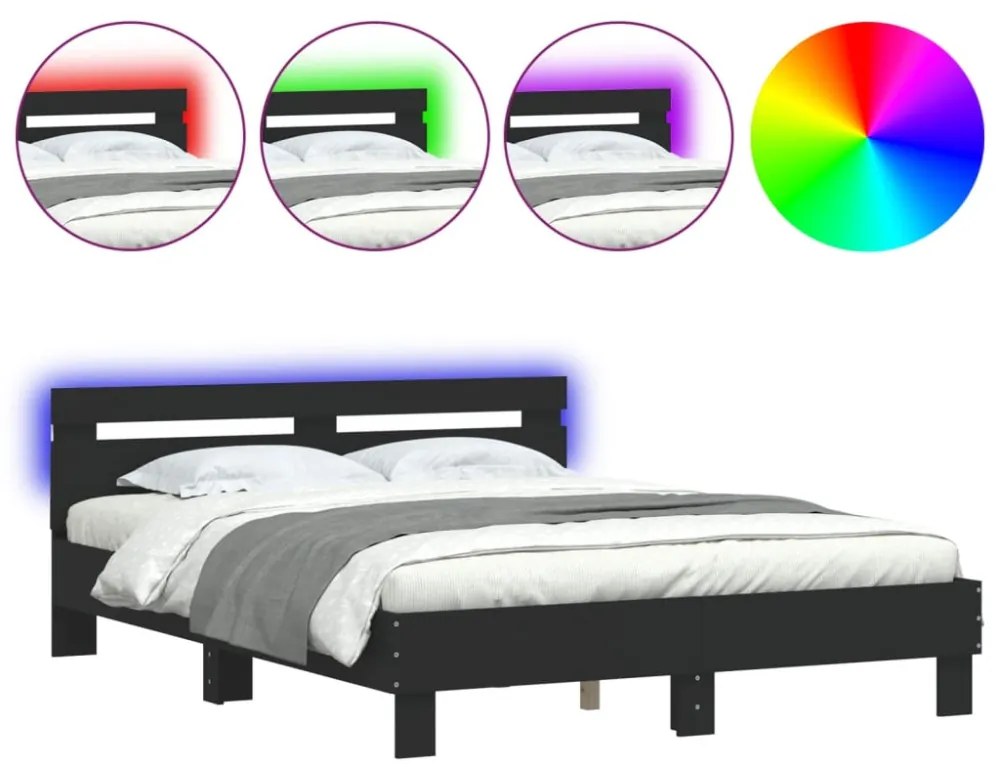 fekete ágykeret fejtámlával és LED-del 140 x 200 cm