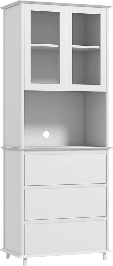HOMCOM Fehér Fa Konyhai Buffetszekrény 2 Üveges Ajtóval, 3 Fiókkal és Középső Niche-val 68L x 38W x 172H cm | Aosom