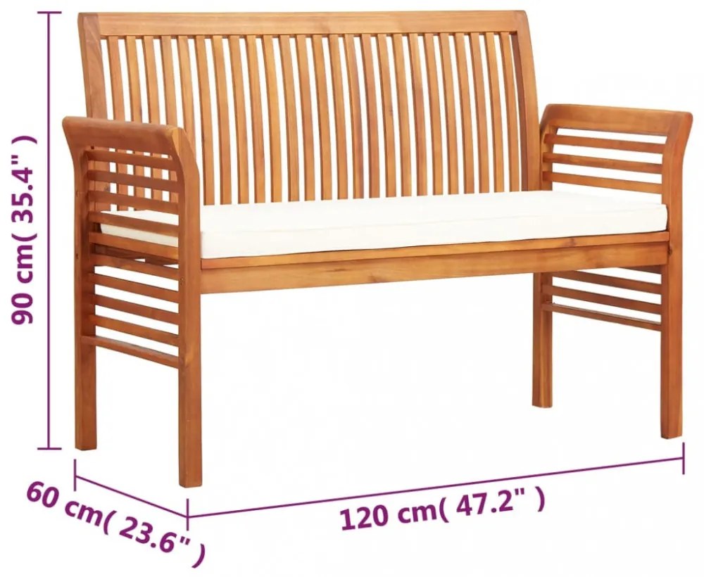 kétszemélyes tömör akácfa kerti pad párnával 120 cm