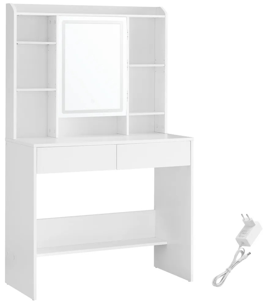Fésülködőasztal, sminkasztal, LED-es tükörrel, fehér 40x90x145 cm